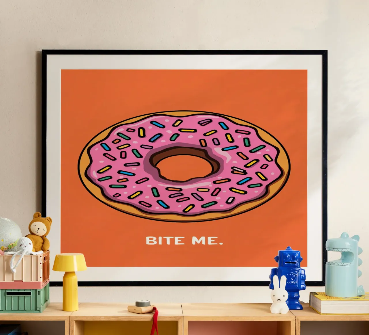 Rosa Frosted Donut "Bite Me" auf orangem Hintergrund Hahnemühle von DesignDoodle