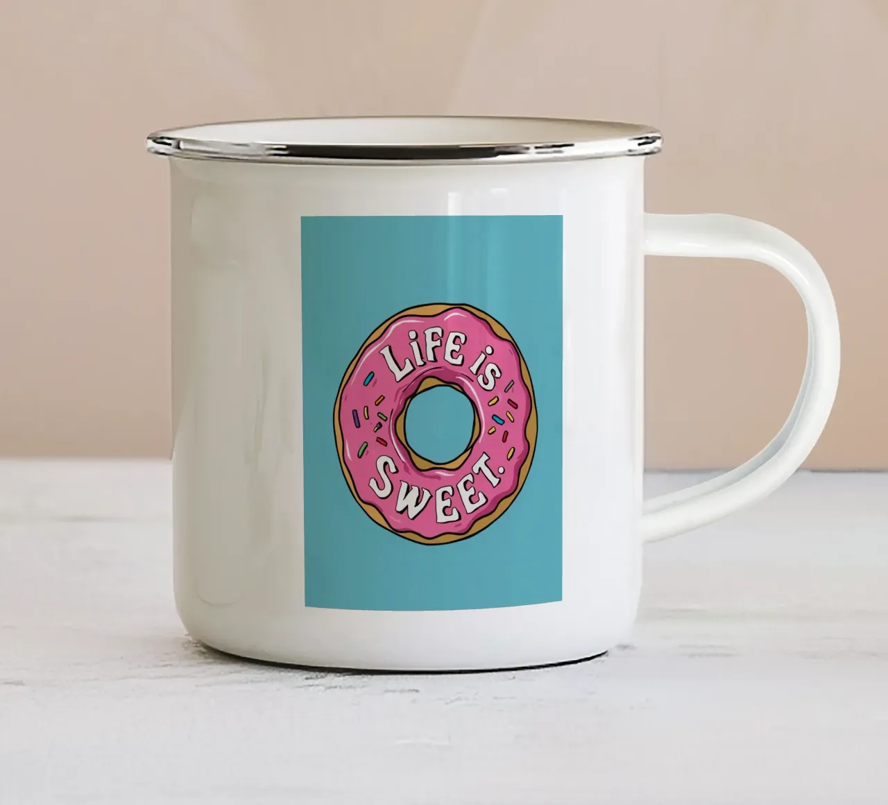 Roze Frosted Donut met "Life Is Sweet" Sprinkles emaille mok van DesignDoodle