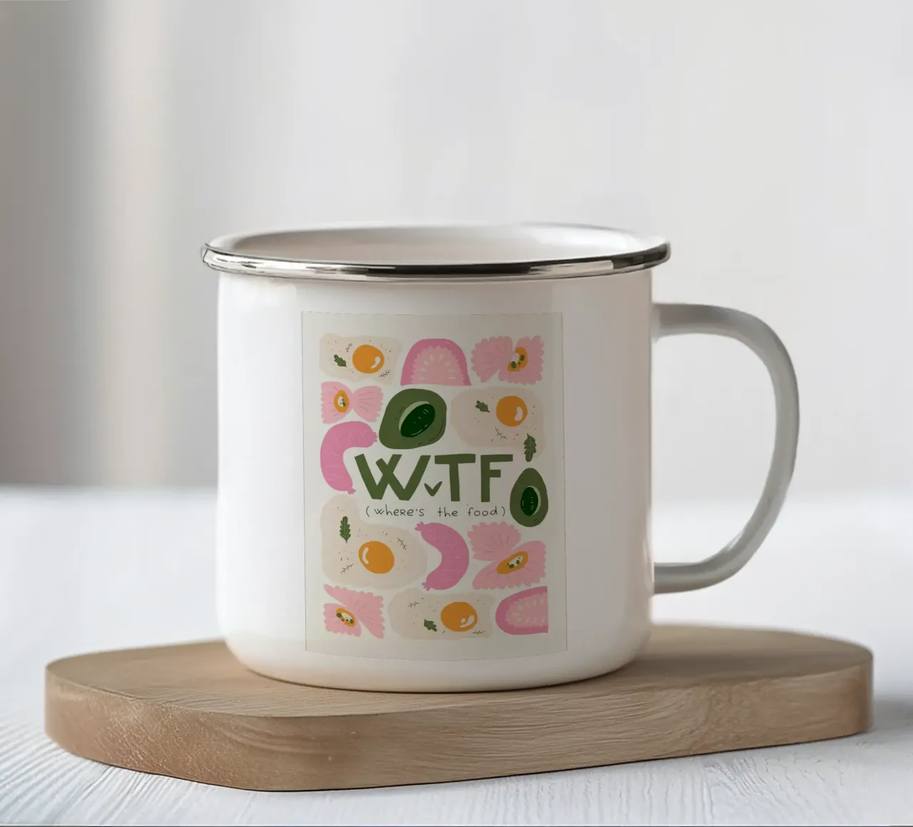 WTF - Waar is het eten? emaille mok van bazi