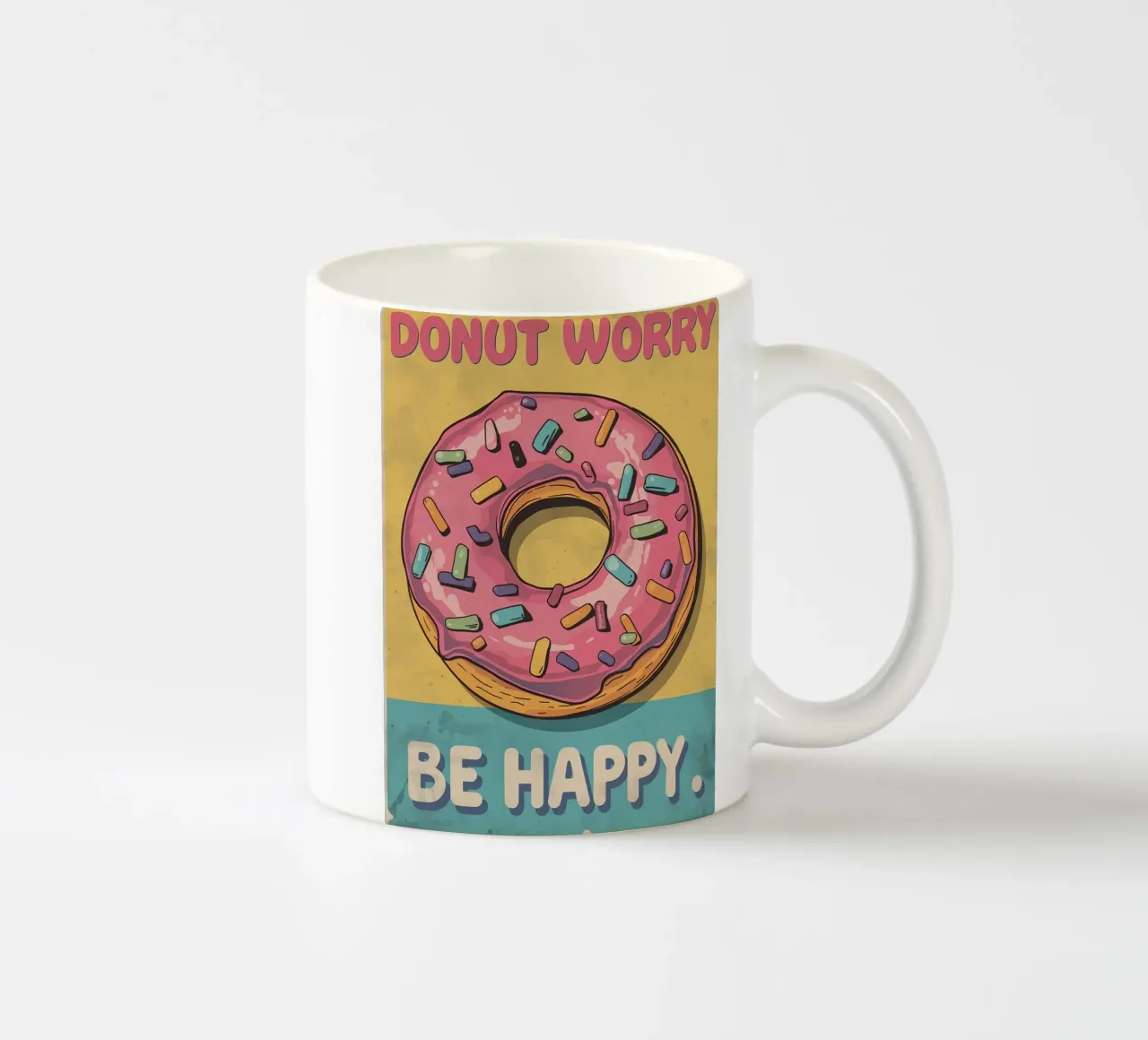 Ciambella ghiacciata rosa " Non preoccuparti, sii felice " tazza in ceramica da DesignDoodle