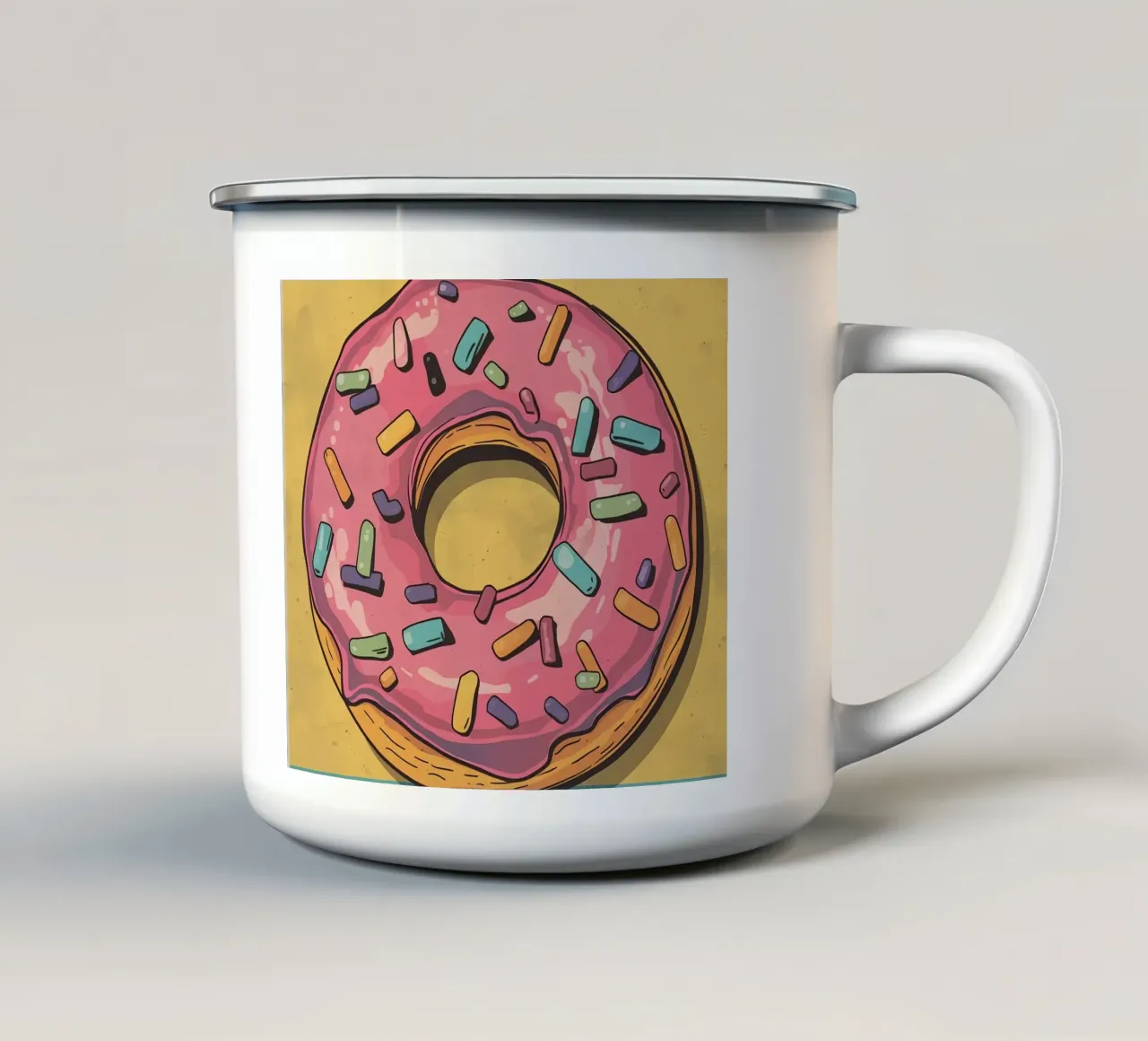 Ciambella ghiacciata rosa " Non preoccuparti, sii felice " tazza in smalto da DesignDoodle