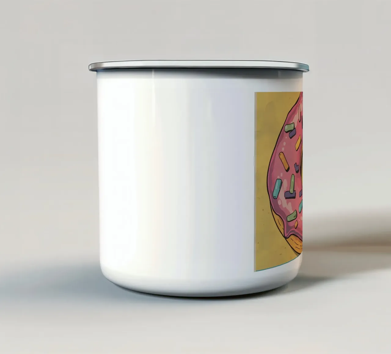 Ciambella ghiacciata rosa " Non preoccuparti, sii felice " tazza in smalto da DesignDoodle