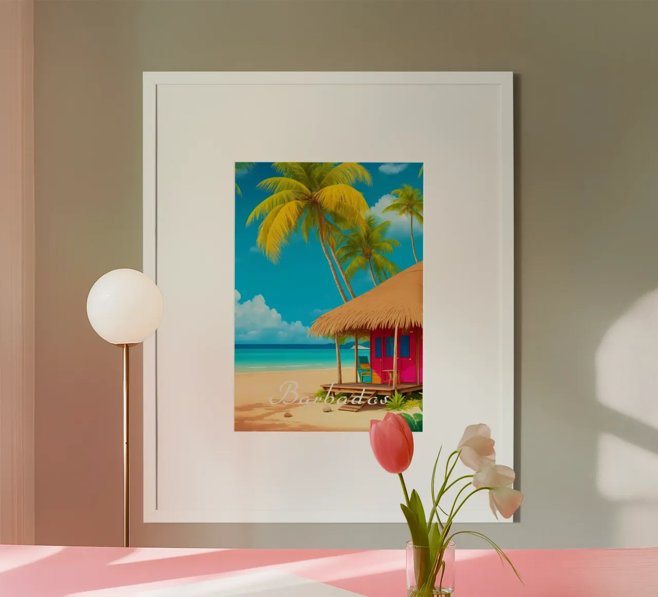 Scena della spiaggia di Barbados poster da Charnwood Prints