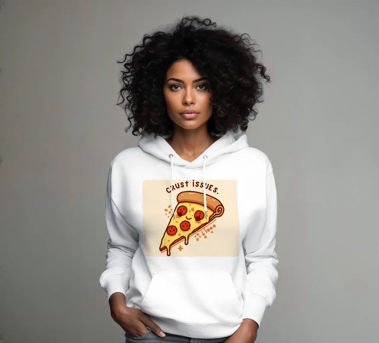 Sorridente fetta di pizza al salame piccante "Problemi di crosta" felpa con cappuccio da DesignDoodle