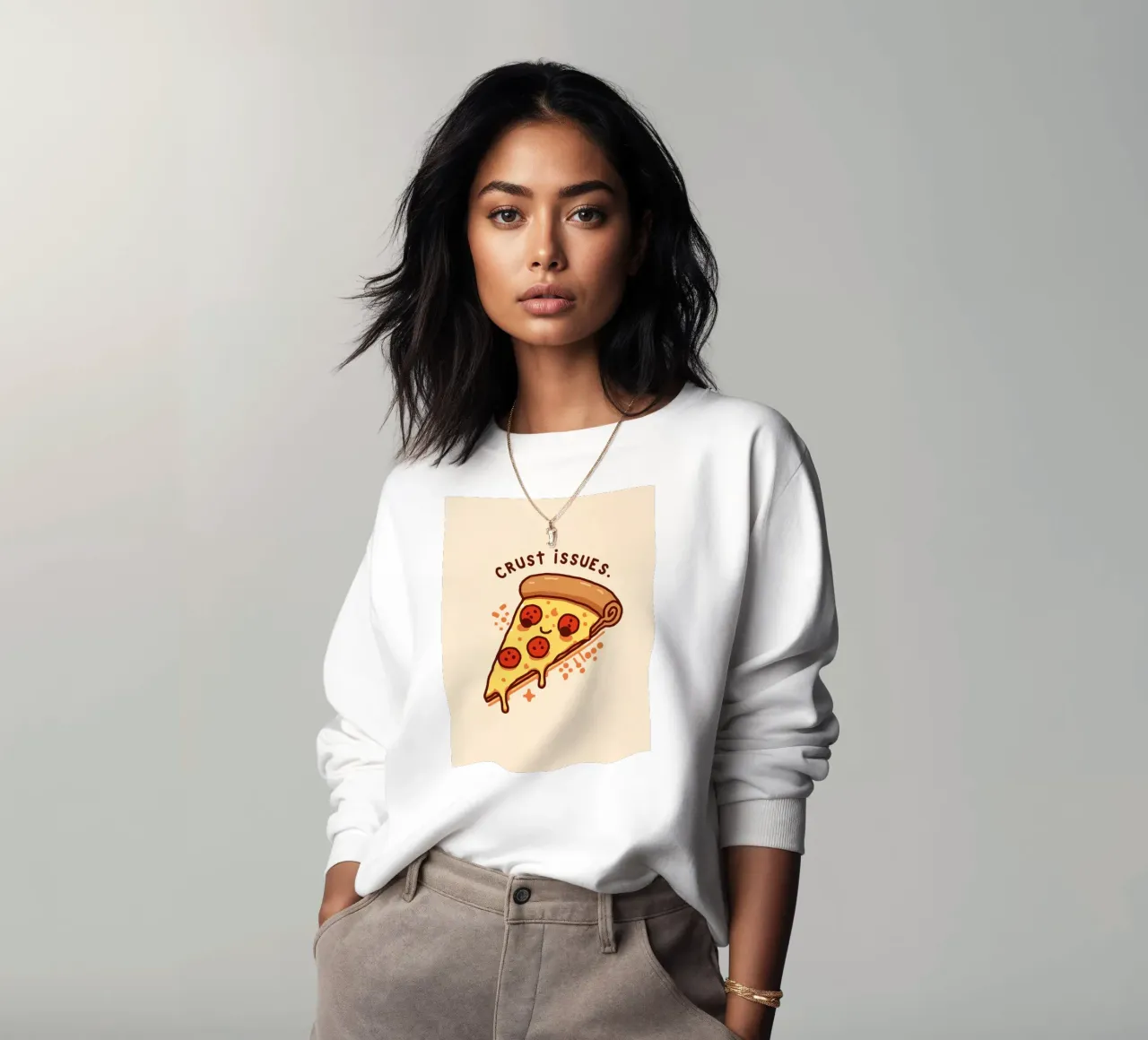 Sorridente fetta di pizza al salame piccante "Problemi di crosta" felpa da DesignDoodle