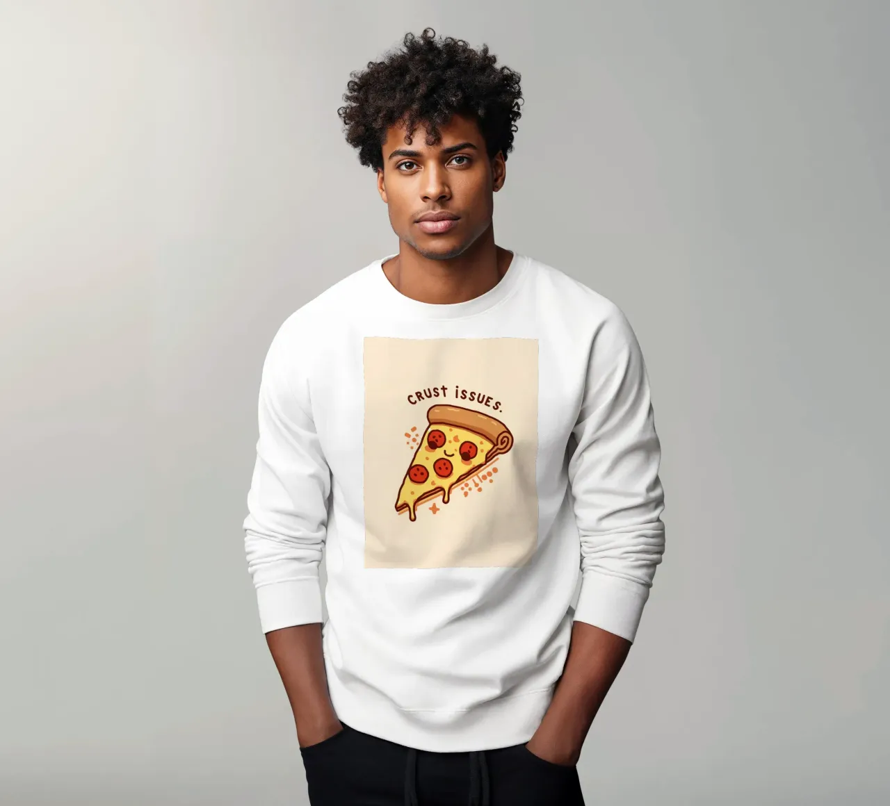 Sorridente fetta di pizza al salame piccante "Problemi di crosta" felpa da DesignDoodle
