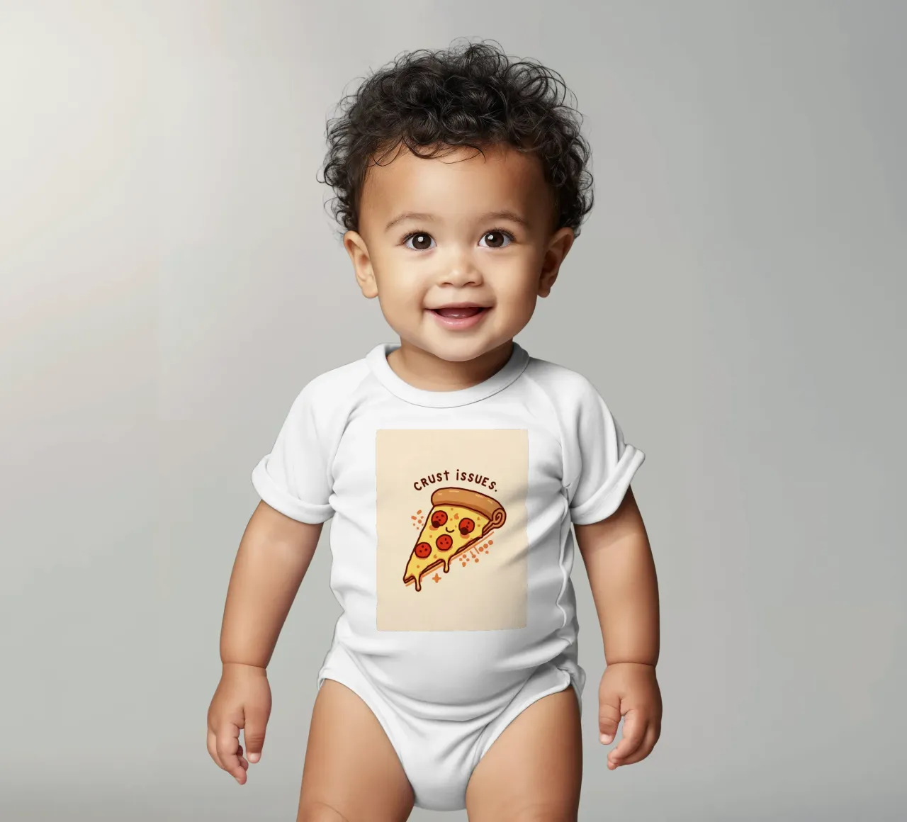 Sorridente fetta di pizza al salame piccante "Problemi di crosta" body neonato maniche corte da DesignDoodle