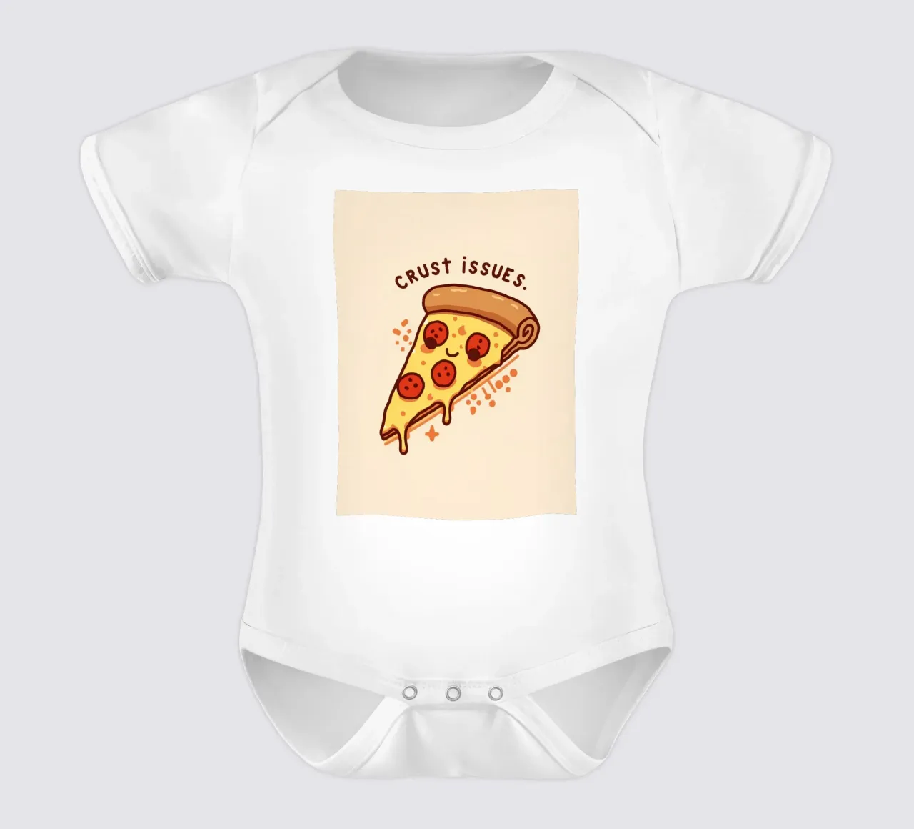 Sorridente fetta di pizza al salame piccante "Problemi di crosta" body neonato maniche corte da DesignDoodle