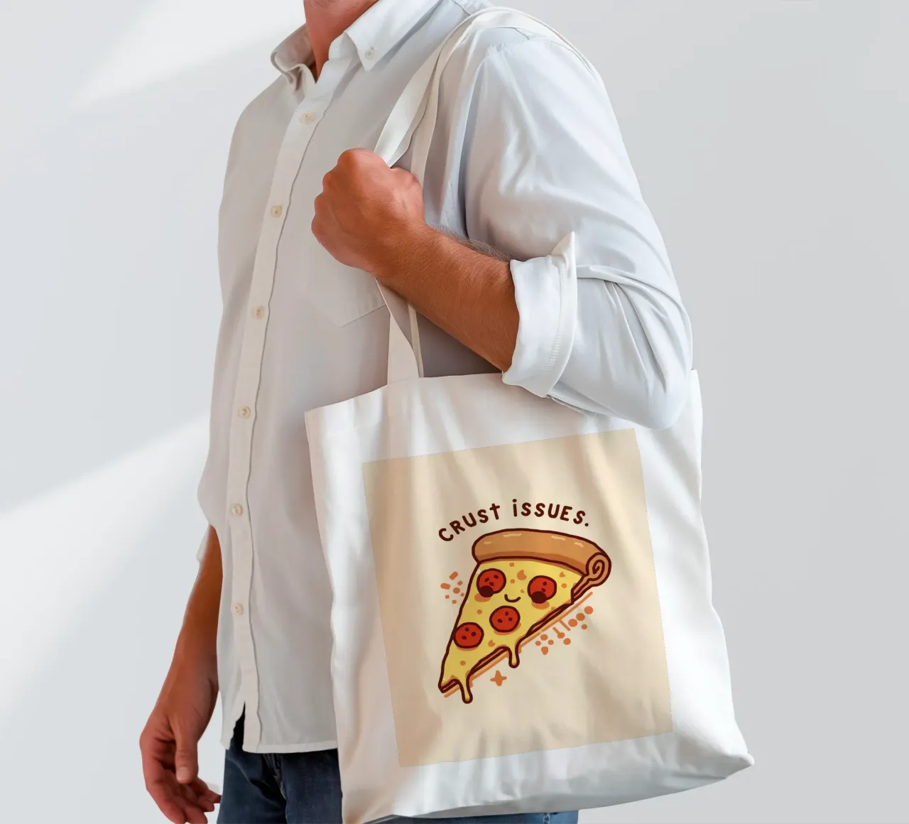 Sorridente fetta di pizza al salame piccante "Problemi di crosta" borsa in juta da DesignDoodle