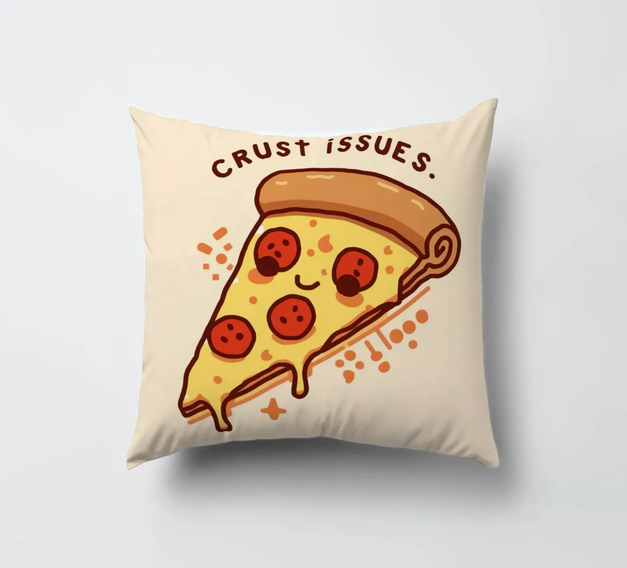 Sorridente fetta di pizza al salame piccante "Problemi di crosta" cuscino da DesignDoodle