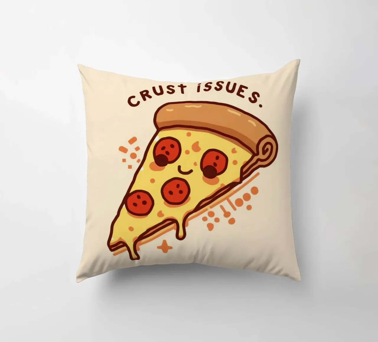 Sorridente fetta di pizza al salame piccante "Problemi di crosta" cuscino da DesignDoodle