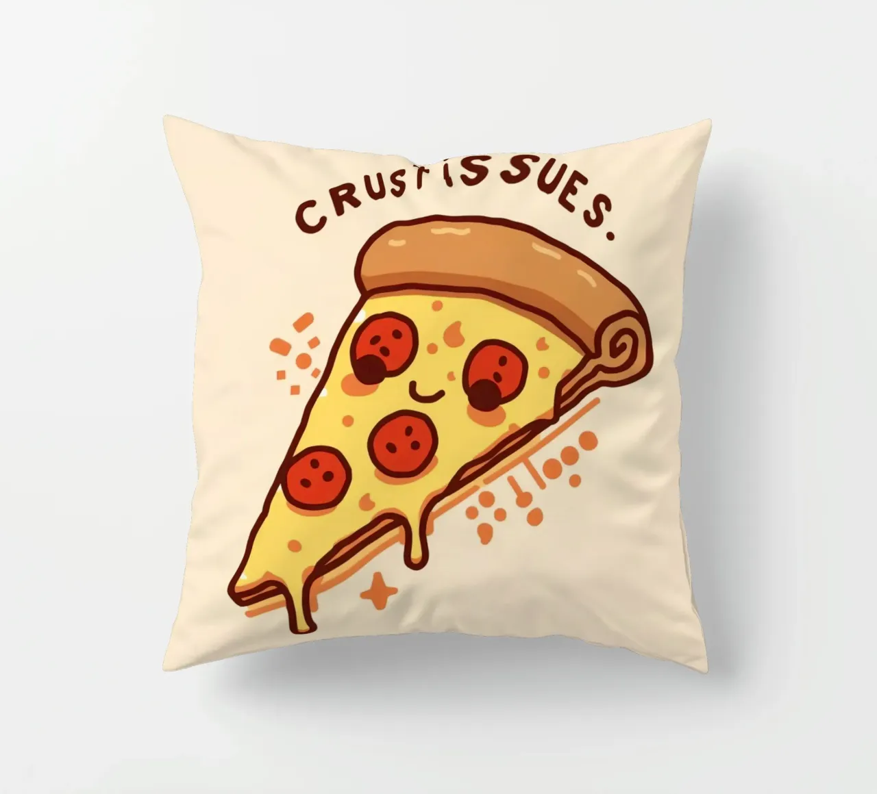 Sorridente fetta di pizza al salame piccante "Problemi di crosta" cuscino da DesignDoodle