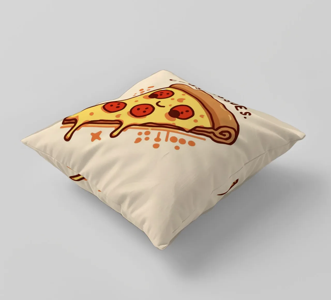 Sorridente fetta di pizza al salame piccante "Problemi di crosta" cuscino da DesignDoodle