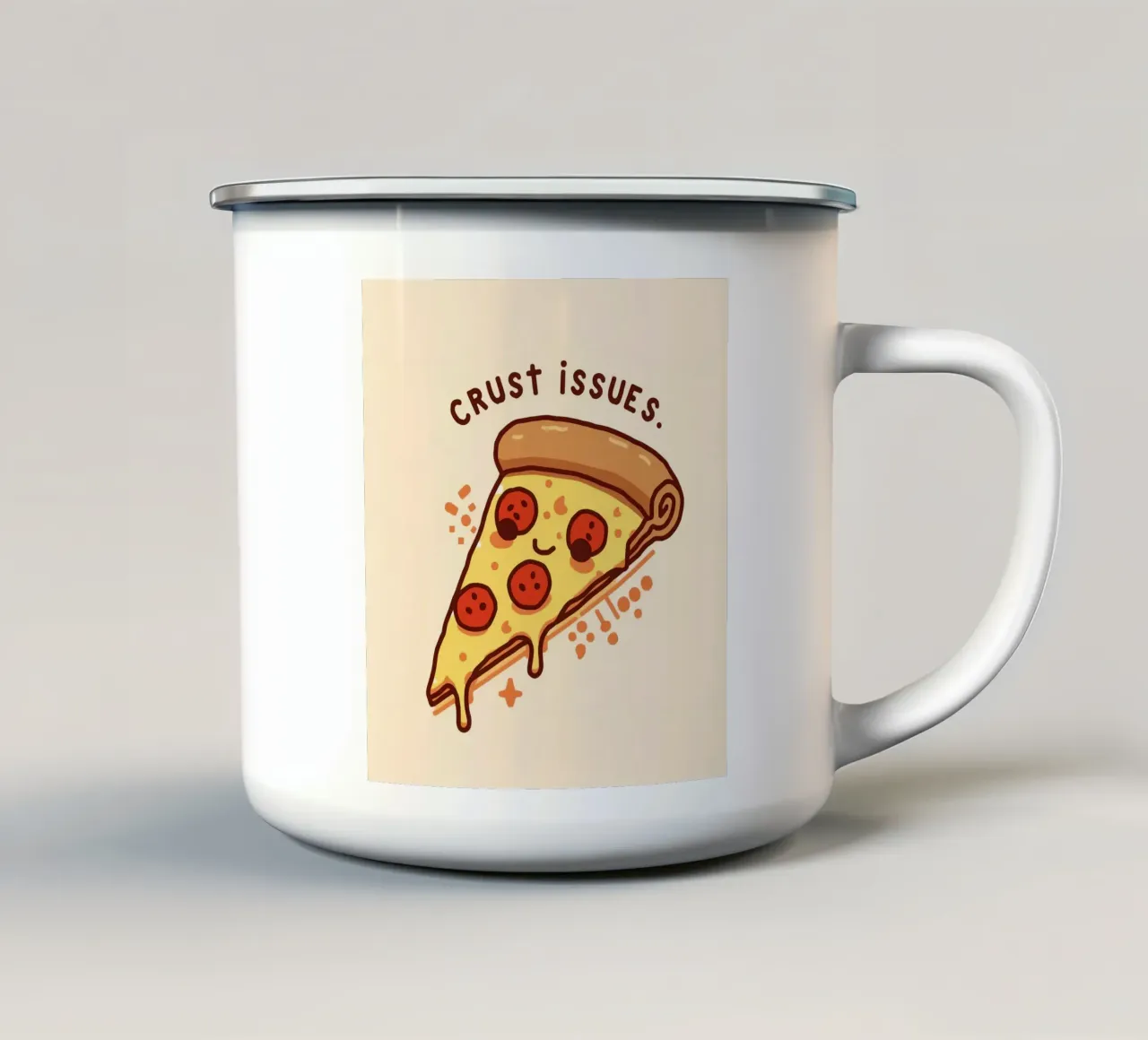 Sorridente fetta di pizza al salame piccante "Problemi di crosta" tazza in smalto da DesignDoodle