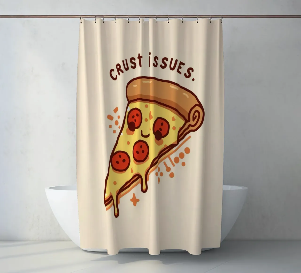 Sorridente fetta di pizza al salame piccante "Problemi di crosta" tenda da doccia da DesignDoodle