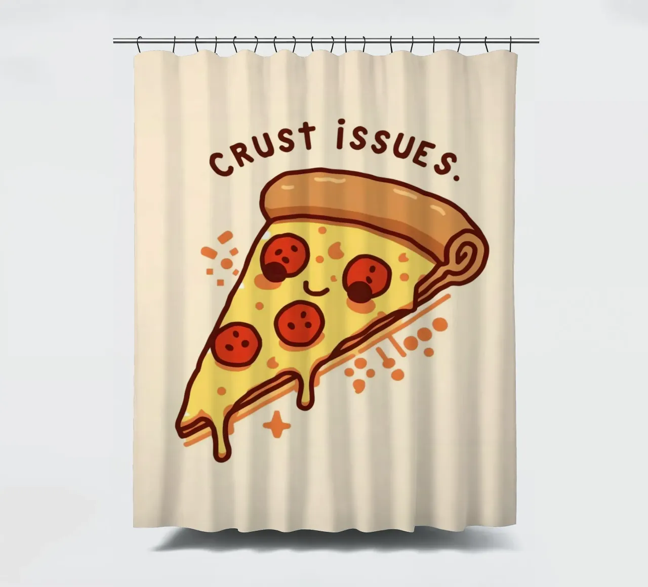 Sorridente fetta di pizza al salame piccante "Problemi di crosta" tenda da doccia da DesignDoodle