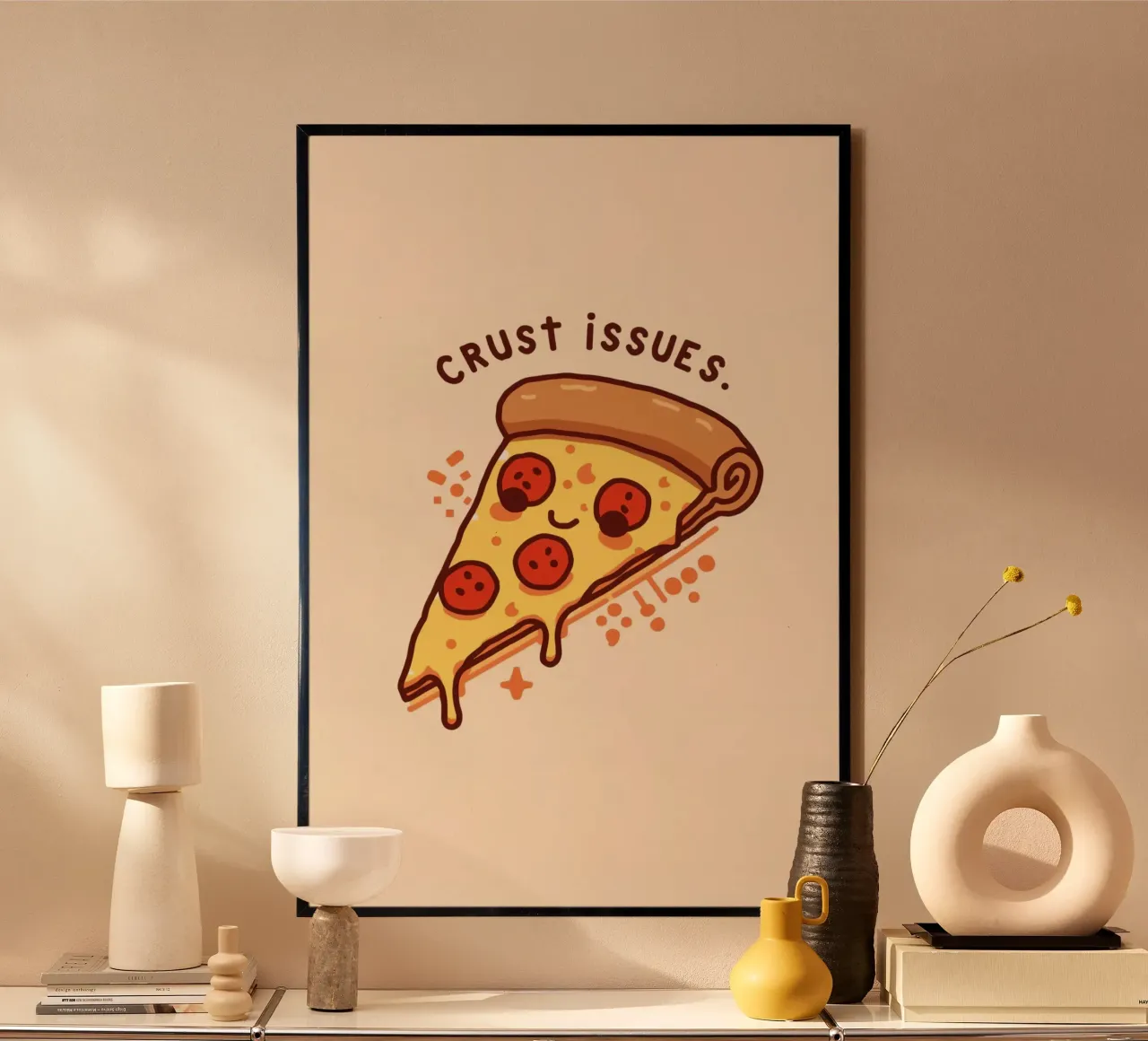 Smiling pepperoni pizza slice "Crust Issues" hahnemühle by DesignDoodle