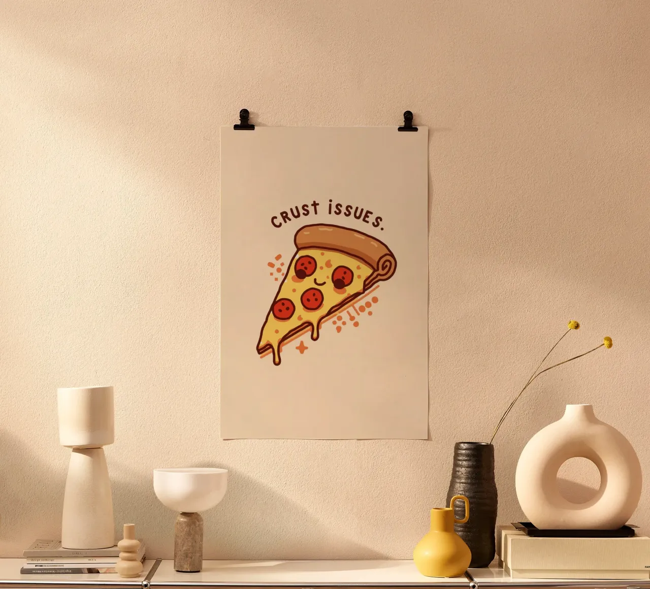 Smiling pepperoni pizza slice "Crust Issues" hahnemühle by DesignDoodle