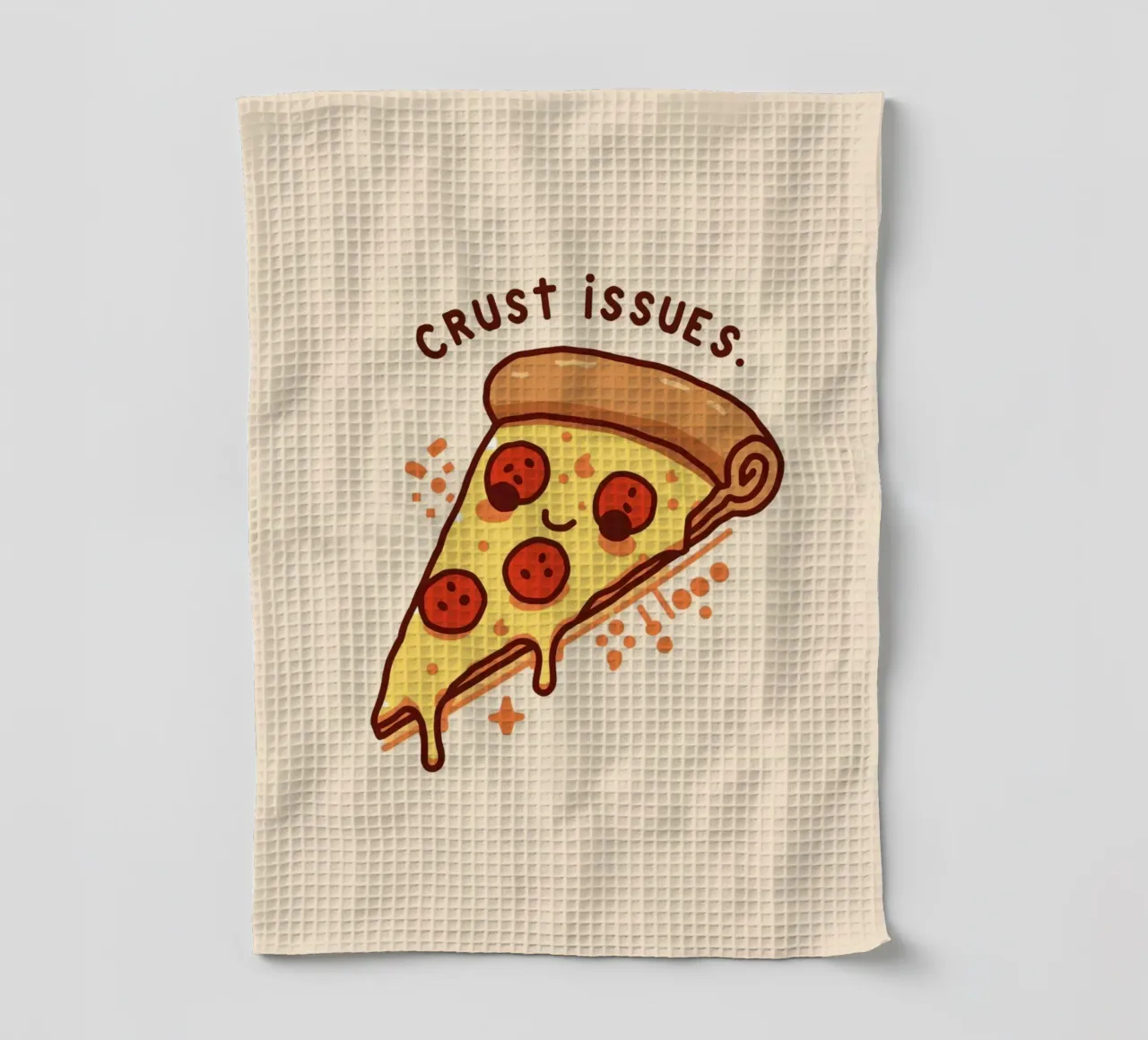 Sorridente fetta di pizza al salame piccante "Problemi di crosta" canovaccio da cucina da DesignDoodle