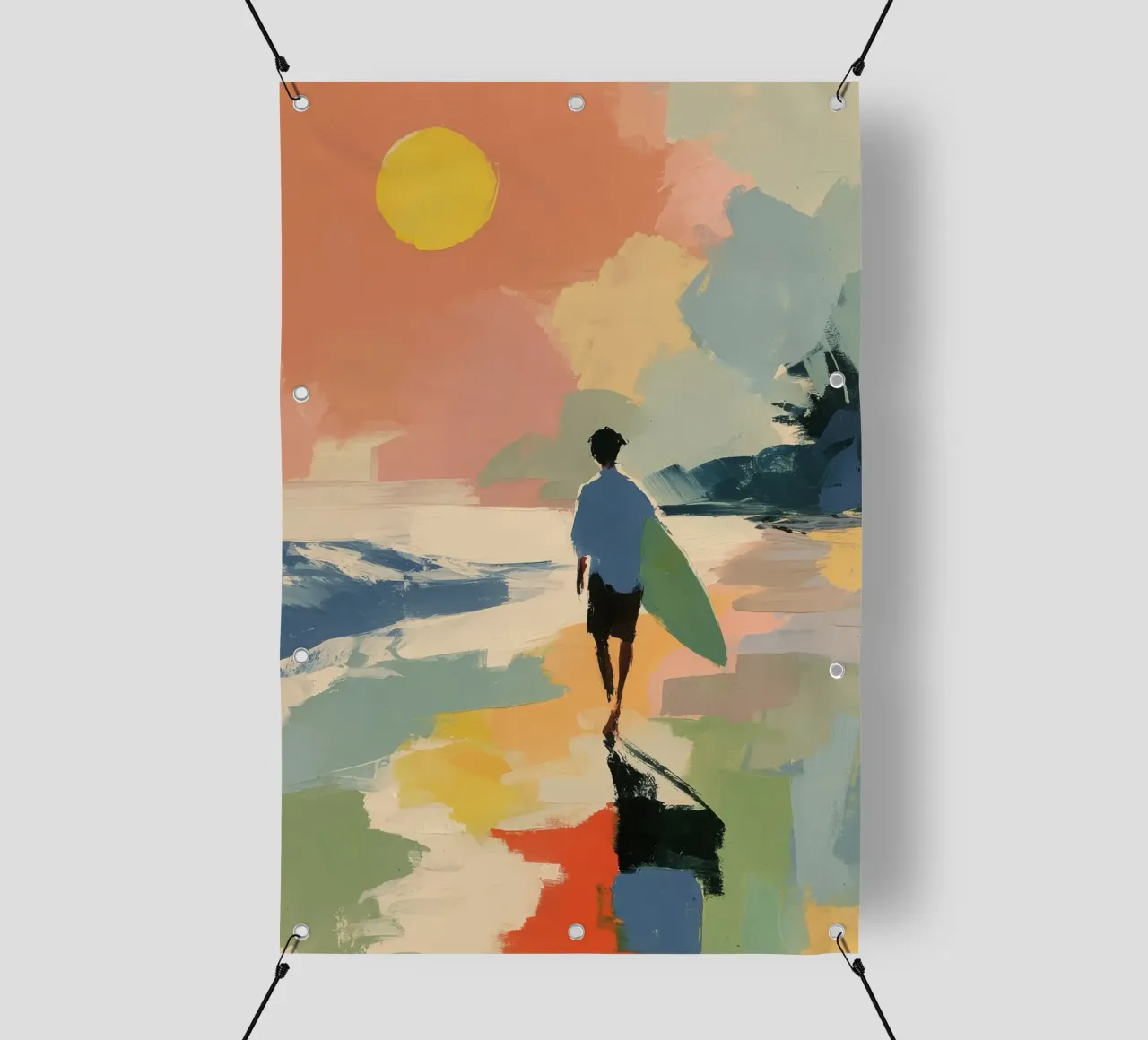 Surfer am Strand | Sommerkunst di metà secolo telo in pvc da Nikis Art Studio