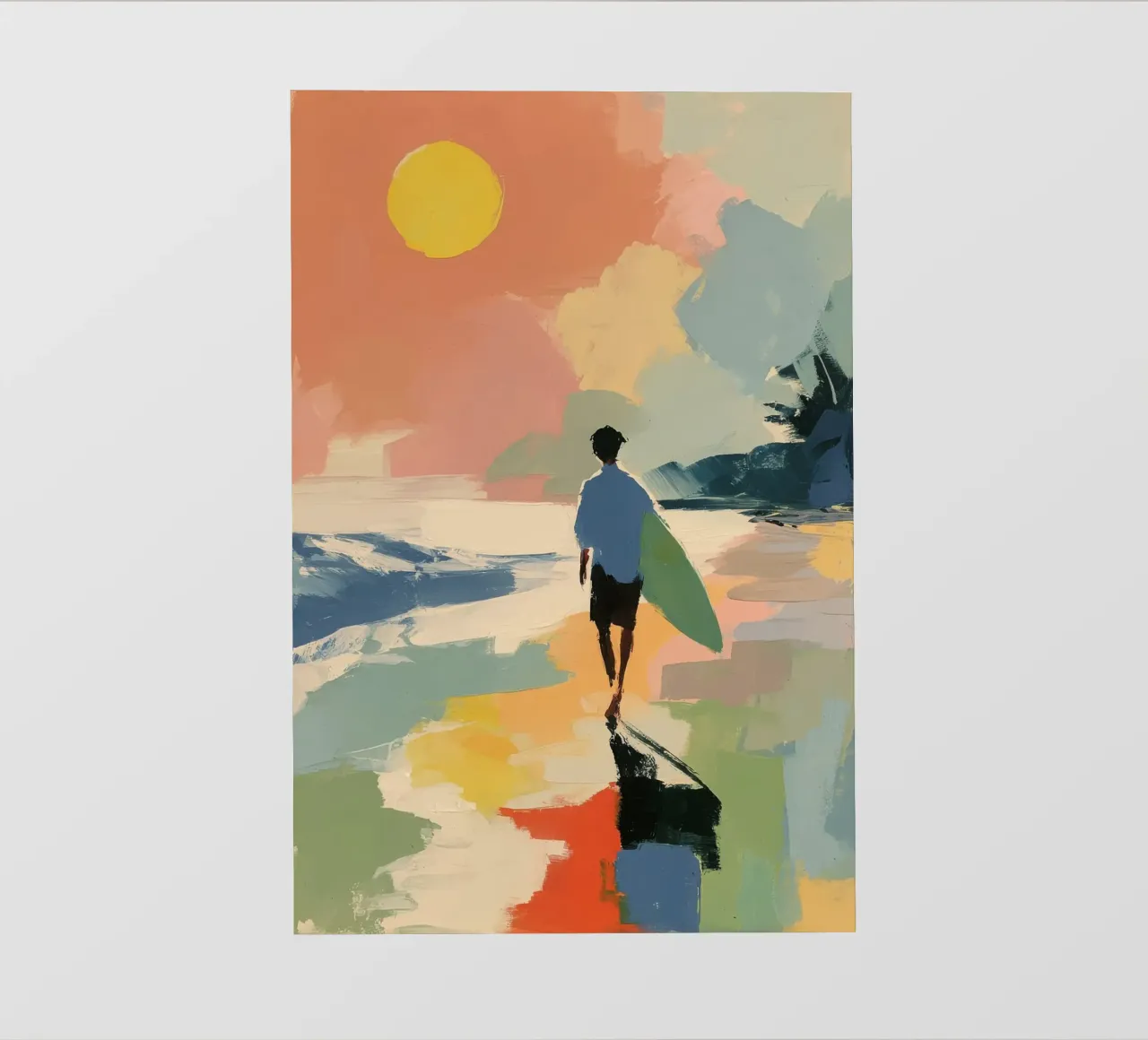 Surfer am Strand | Sommerkunst di metà secolo telo in pvc da Nikis Art Studio