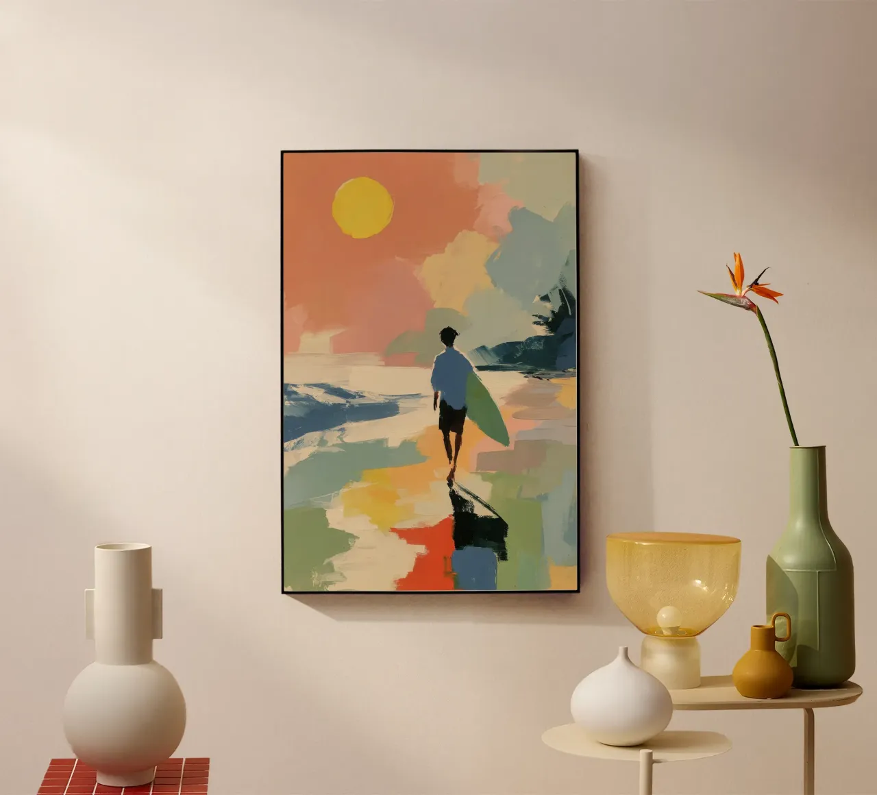 Surfer am Strand | Sommerkunst di metà secolo plexiglass da Nikis Art Studio