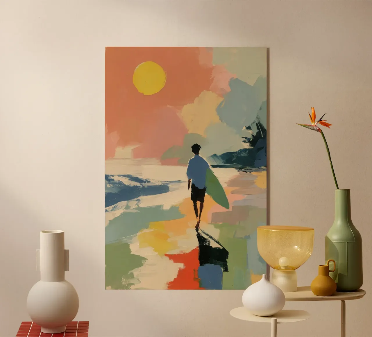 Surfer am Strand | Sommerkunst di metà secolo plexiglass da Nikis Art Studio