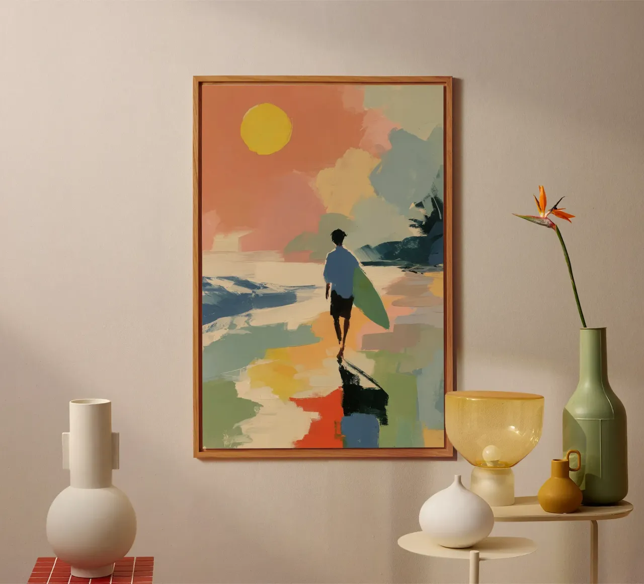 Surfer am Strand | Sommerkunst di metà secolo alluminio dibond da Nikis Art Studio