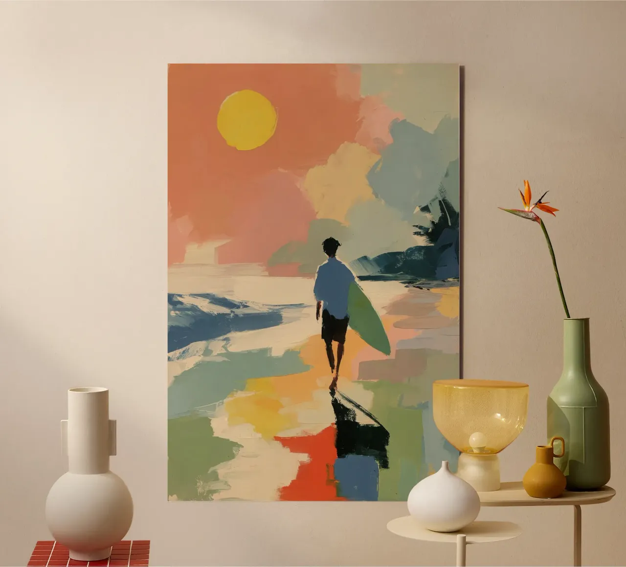 Surfer am Strand | Sommerkunst di metà secolo alluminio dibond da Nikis Art Studio