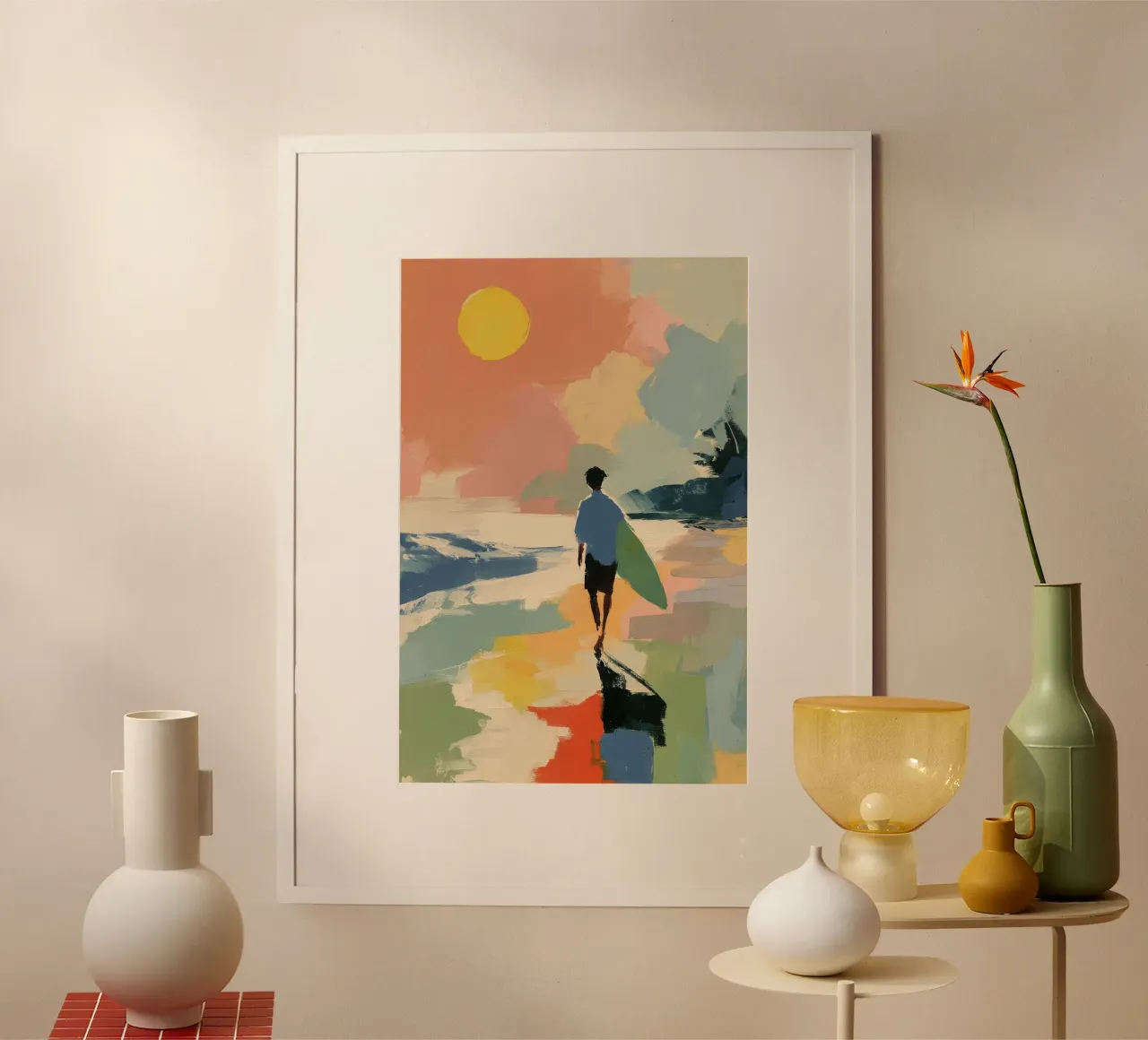 Surfer am Strand | Sommerkunst di metà secolo carta hahnemühle da Nikis Art Studio