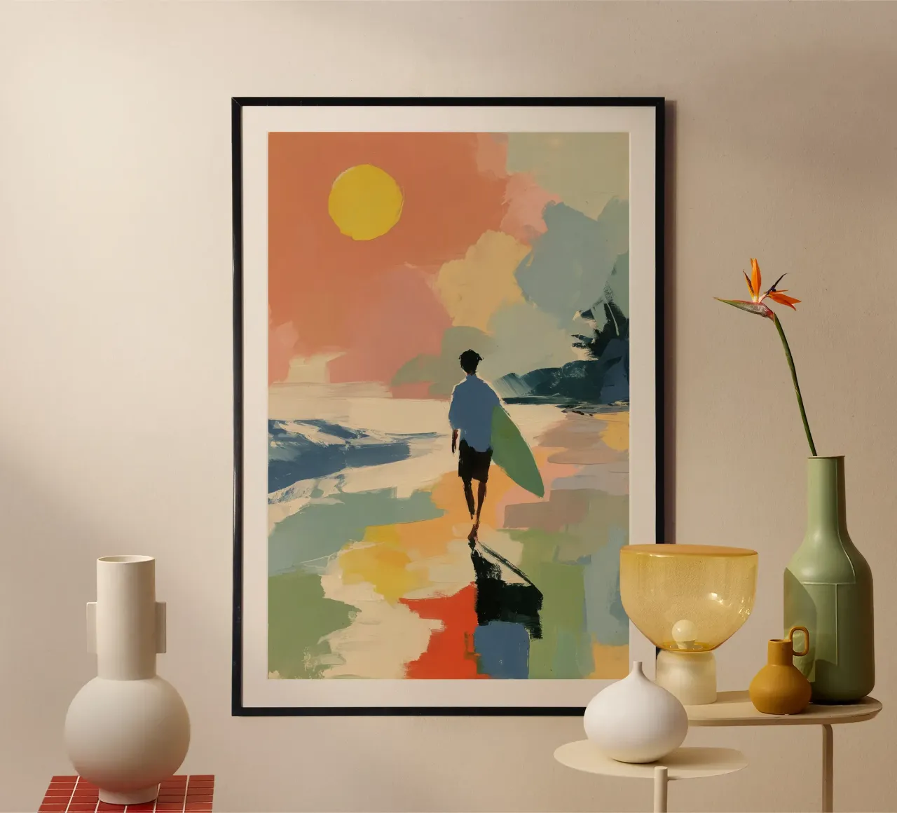 Surfer am Strand | Sommerkunst di metà secolo carta hahnemühle da Nikis Art Studio