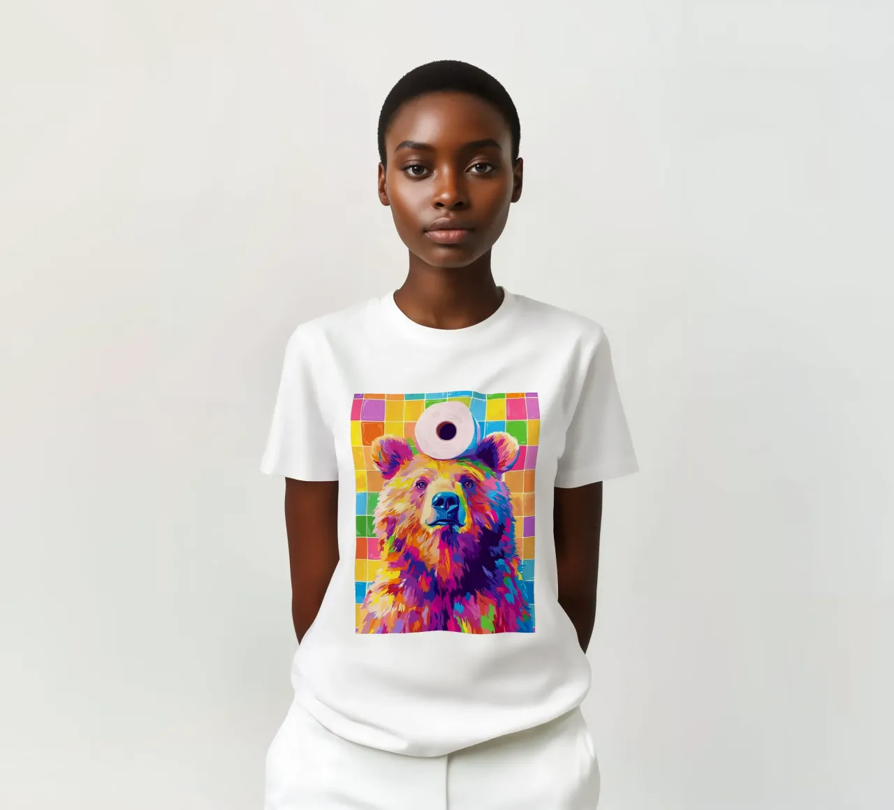 Orso colorato con rotolo di carta igienica t-shirt da JoyWalkerShop