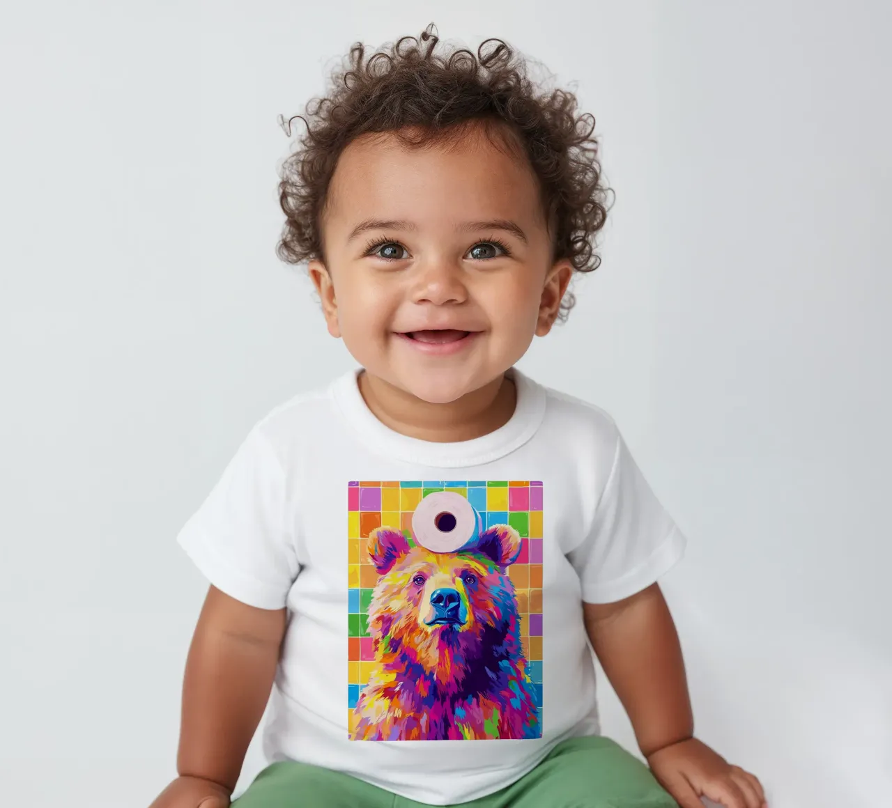 Orso colorato con rotolo di carta igienica maglietta neonato da JoyWalkerShop
