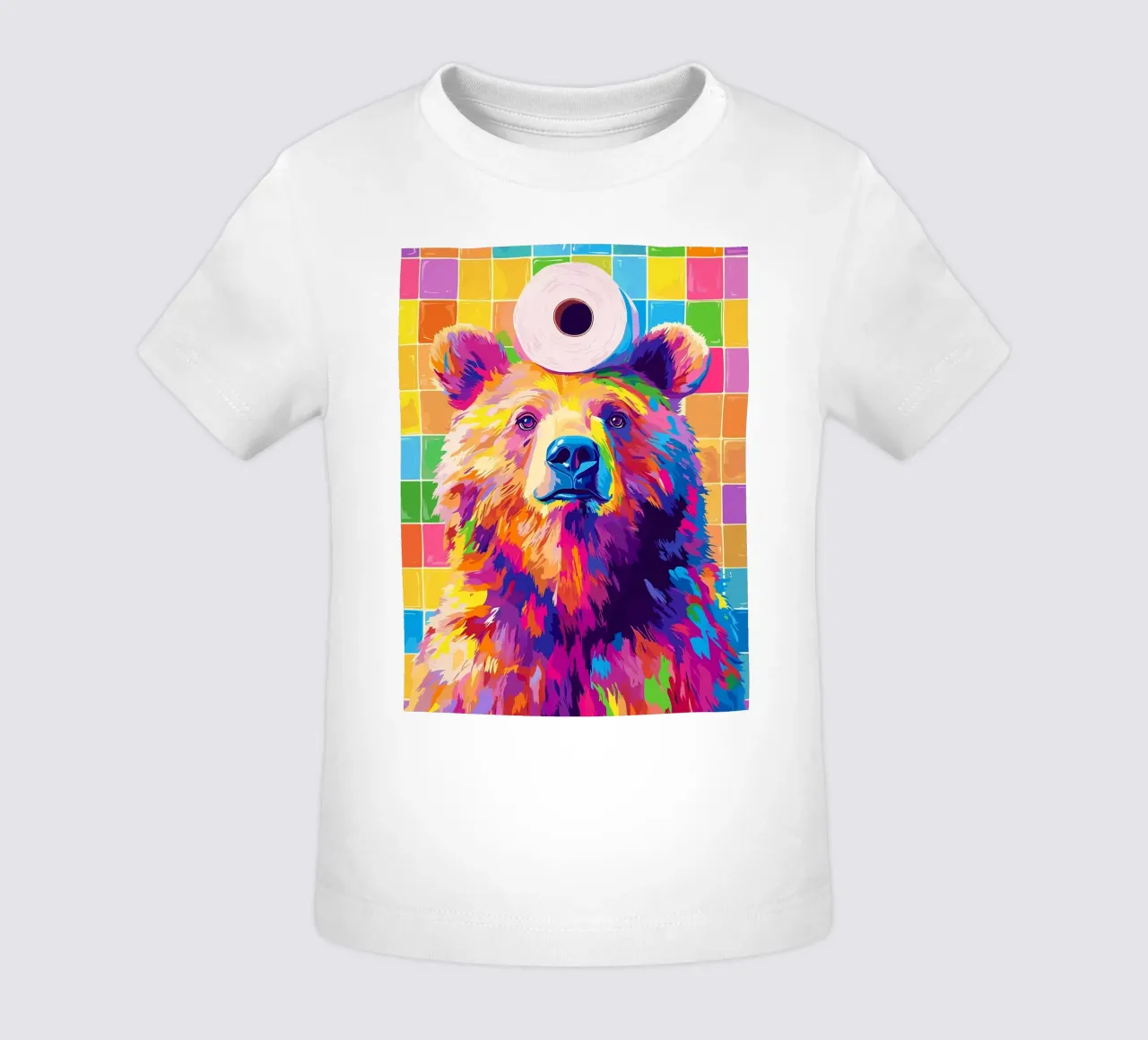 Orso colorato con rotolo di carta igienica maglietta neonato da JoyWalkerShop