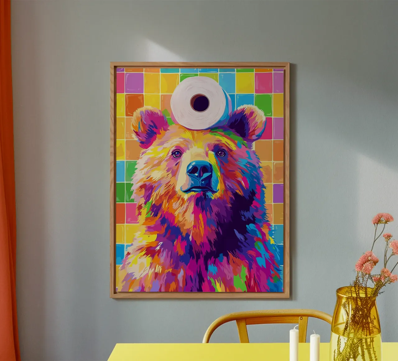 Orso colorato con rotolo di carta igienica alluminio dibond da JoyWalkerShop
