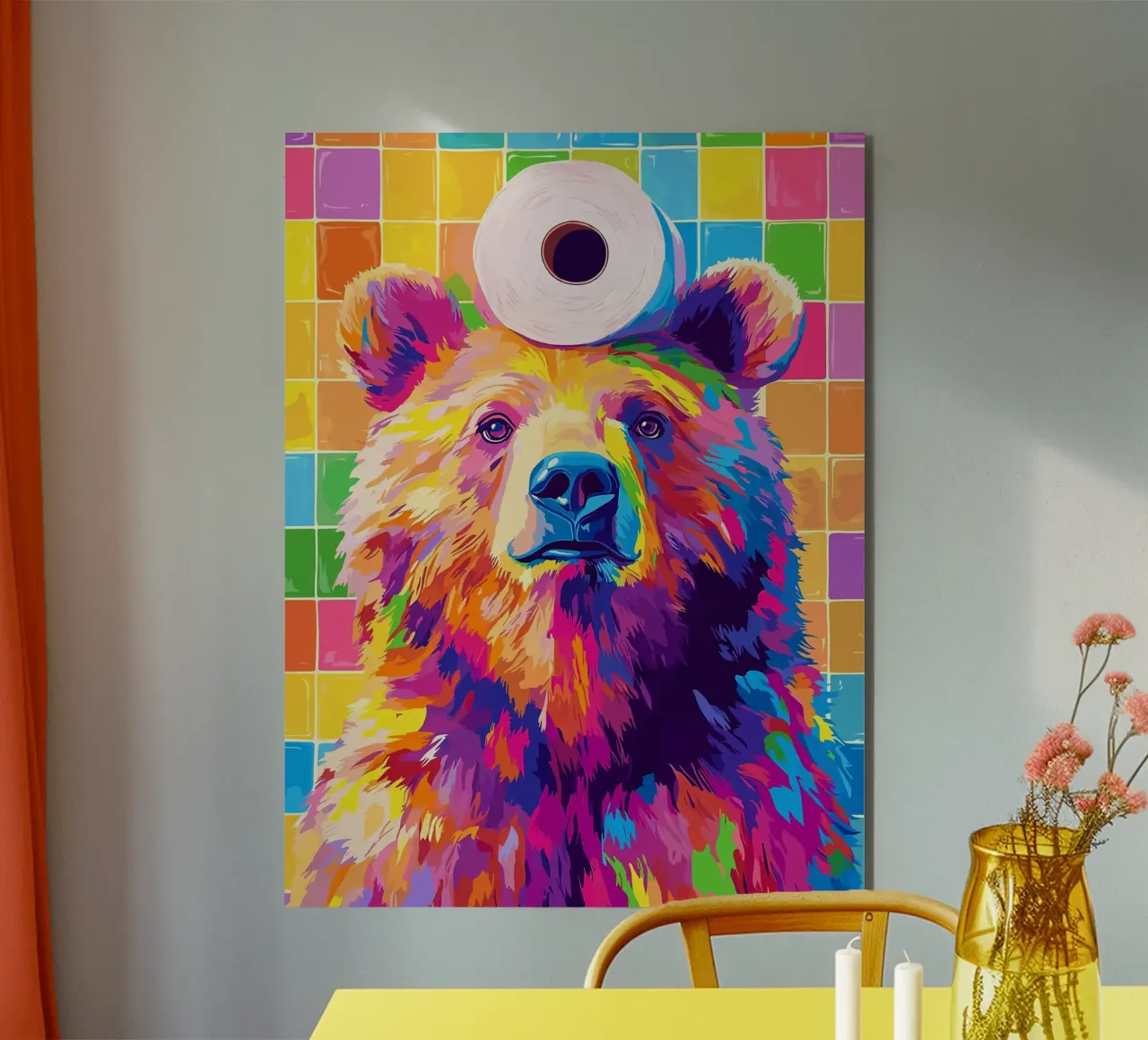 Orso colorato con rotolo di carta igienica alluminio dibond da JoyWalkerShop