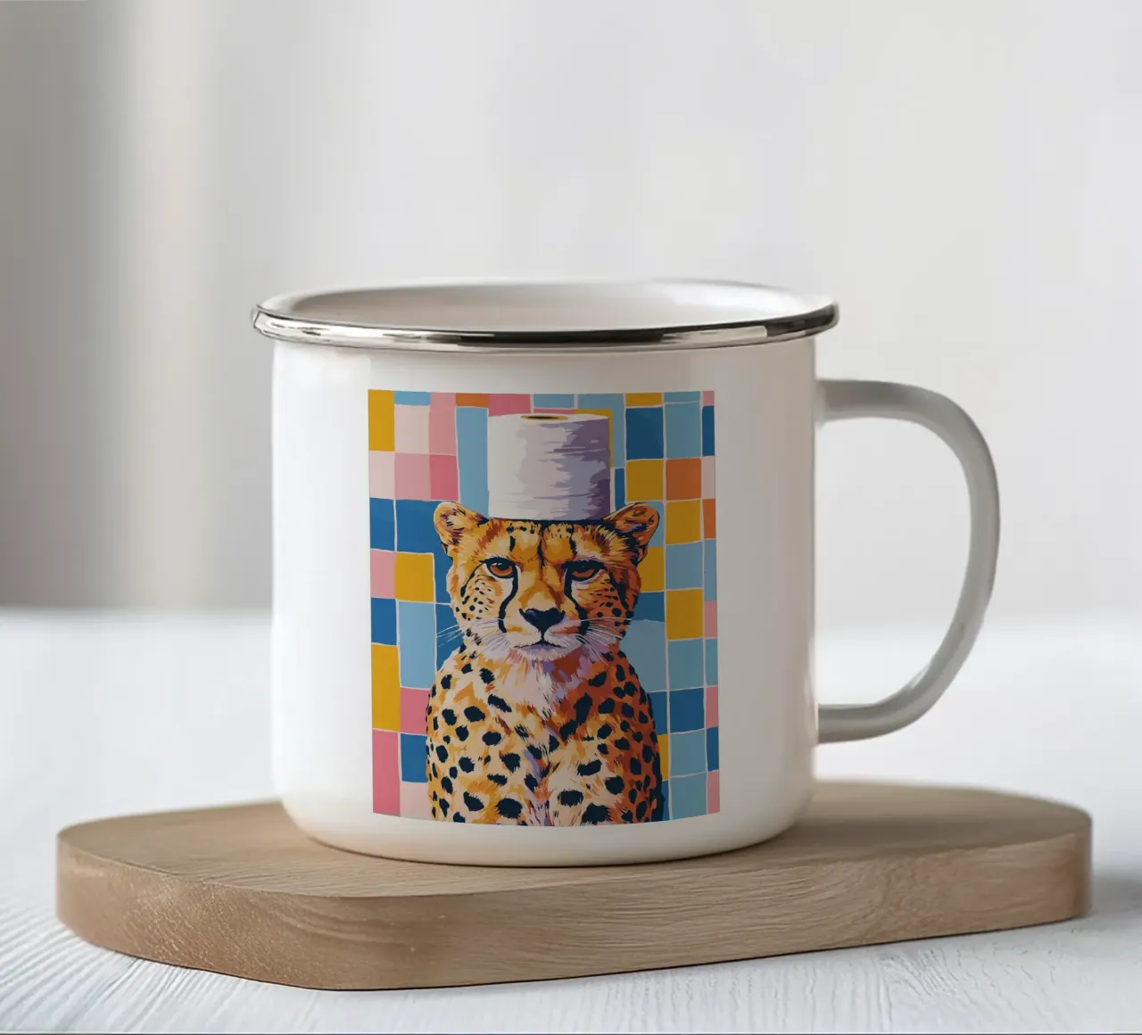 Ghepardo con cappello di carta igienica tazza in smalto da JoyWalkerShop