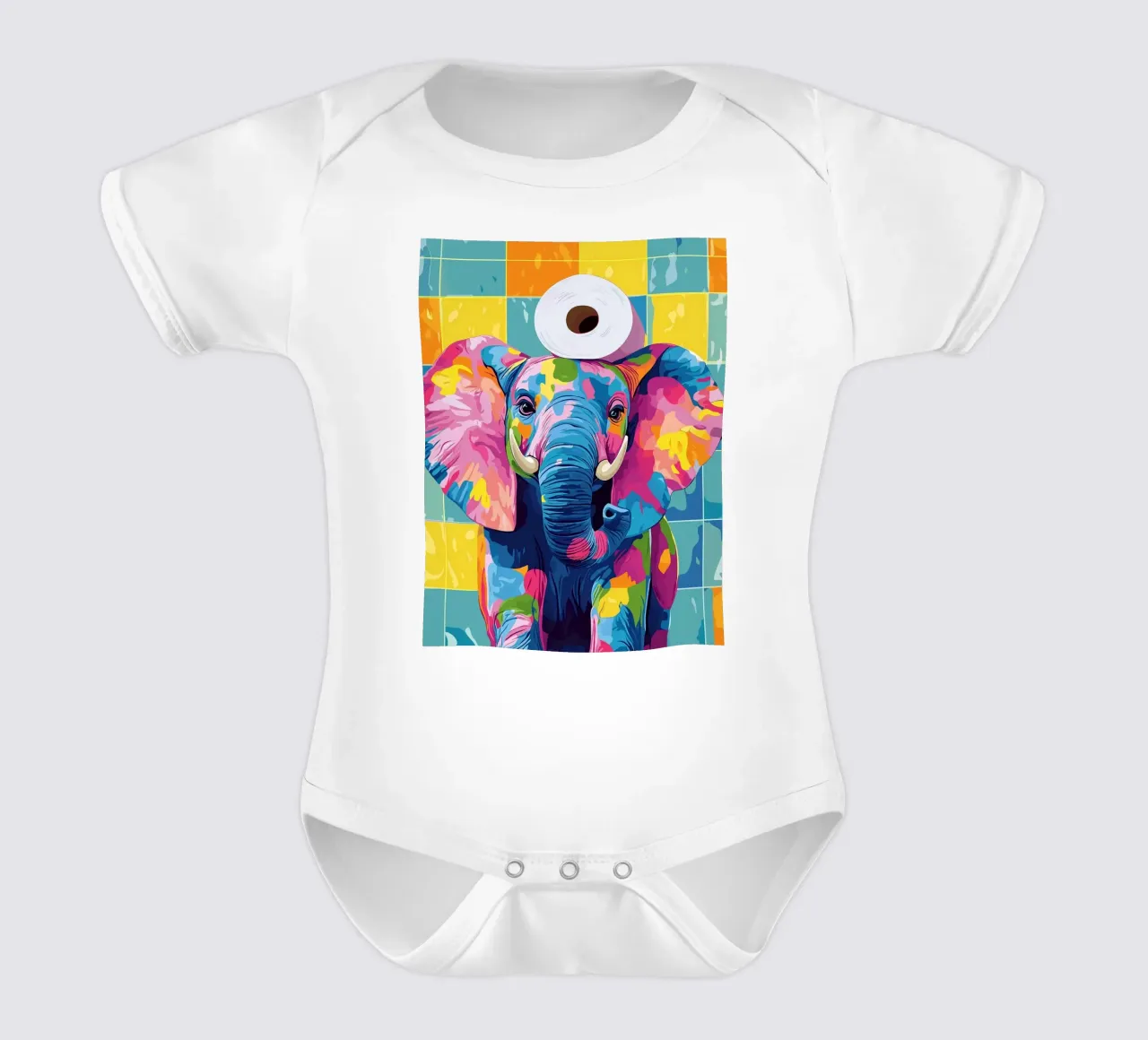 Kleurrijke olifant met wc-papierrol babyrompertje korte mouwen van JoyWalkerShop