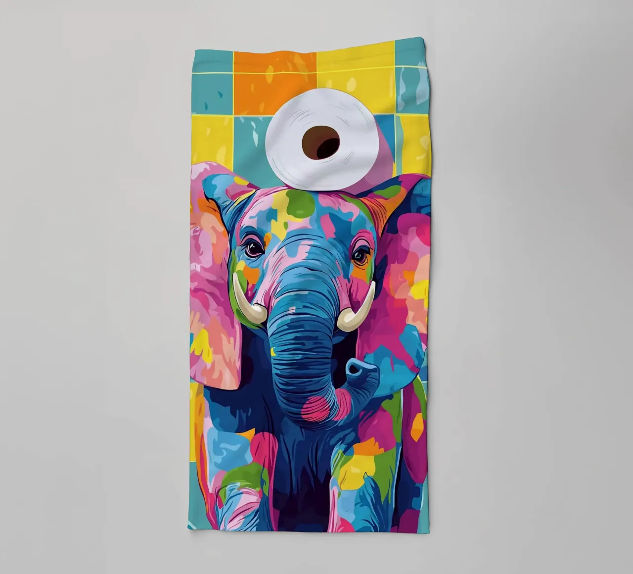 Kleurrijke olifant met wc-papierrol badhanddoek van JoyWalkerShop