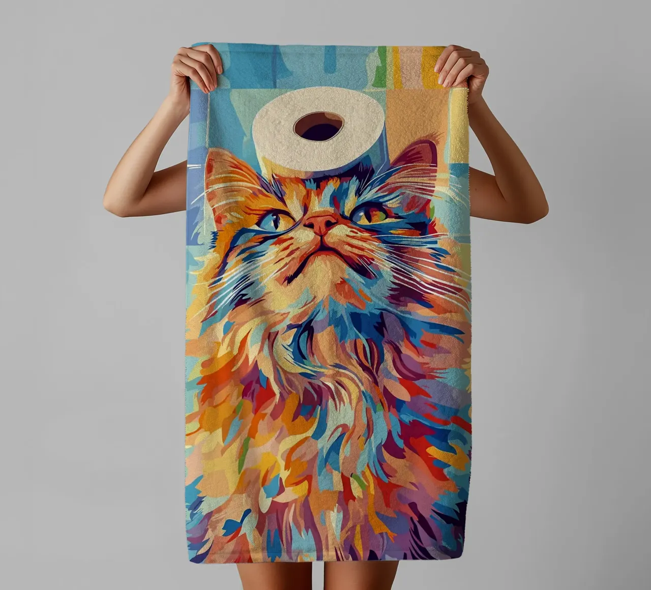 Kleurrijke kat met wc-hoed badhanddoek van JoyWalkerShop