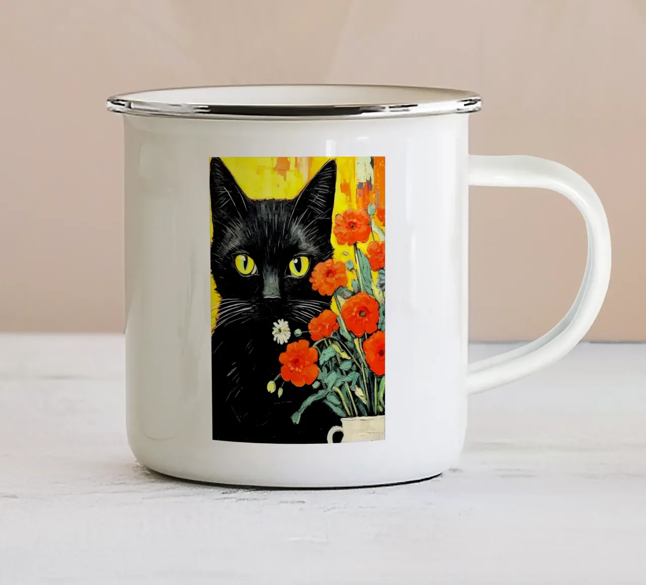 Gatto con fiori tazza in smalto da Puschkinowa
