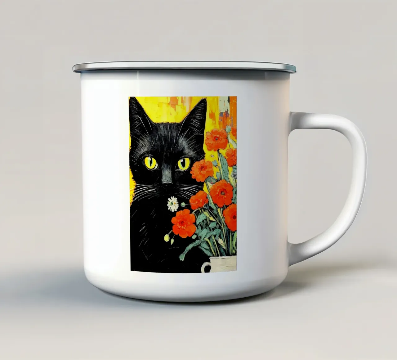 Gatto con fiori tazza in smalto da Puschkinowa