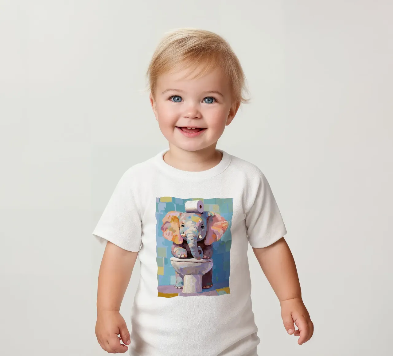 Elefante sul wc con carta igienica maglietta neonato da JoyWalkerShop