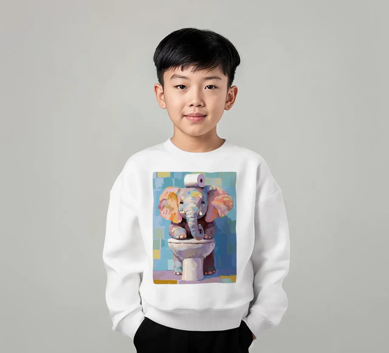Elefante sul wc con carta igienica felpa bambino da JoyWalkerShop