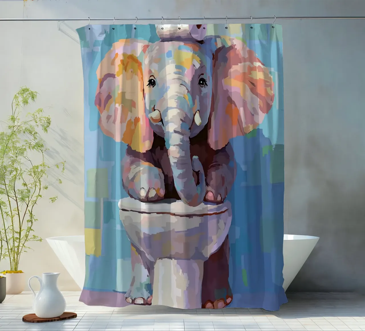 Elefante sul wc con carta igienica tenda da doccia da JoyWalkerShop