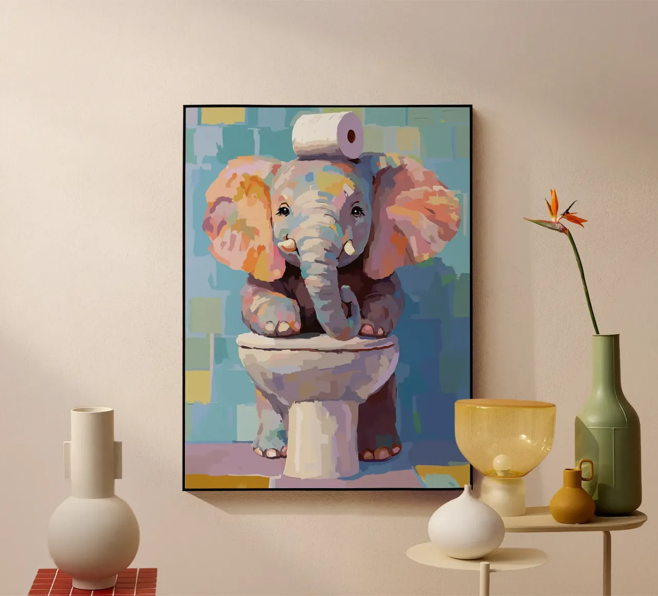 Elefante sul wc con carta igienica plexiglass da JoyWalkerShop