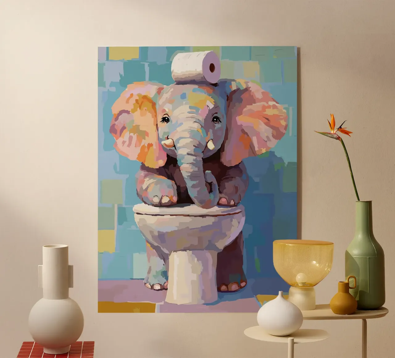 Elefante sul wc con carta igienica plexiglass da JoyWalkerShop