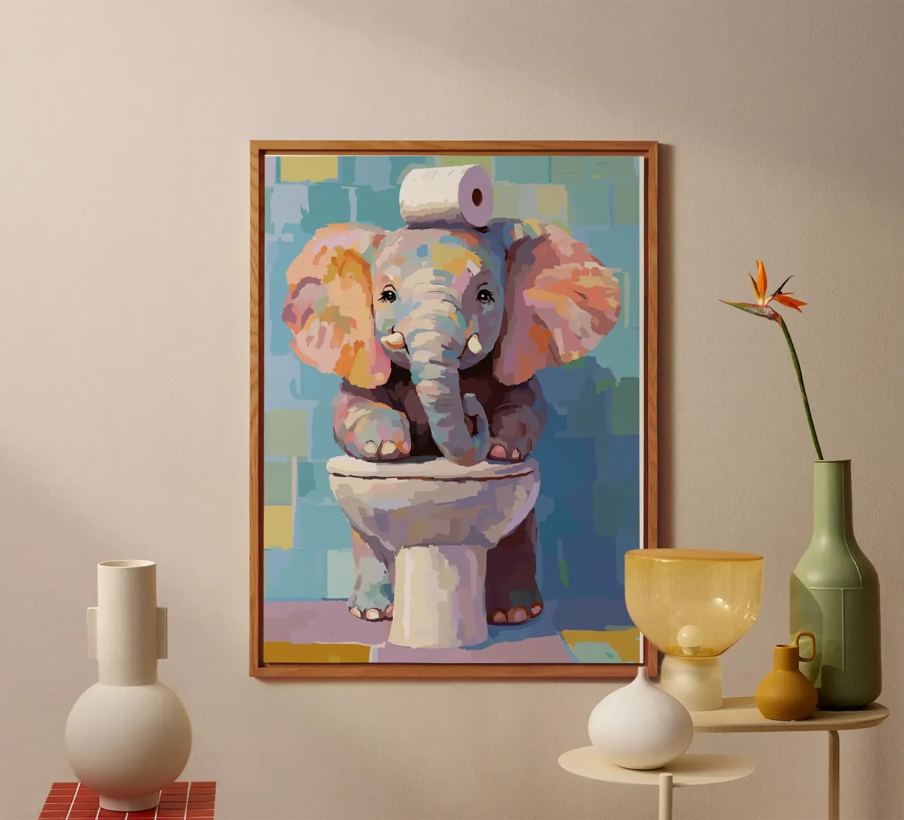 Elefante sul wc con carta igienica alluminio dibond da JoyWalkerShop