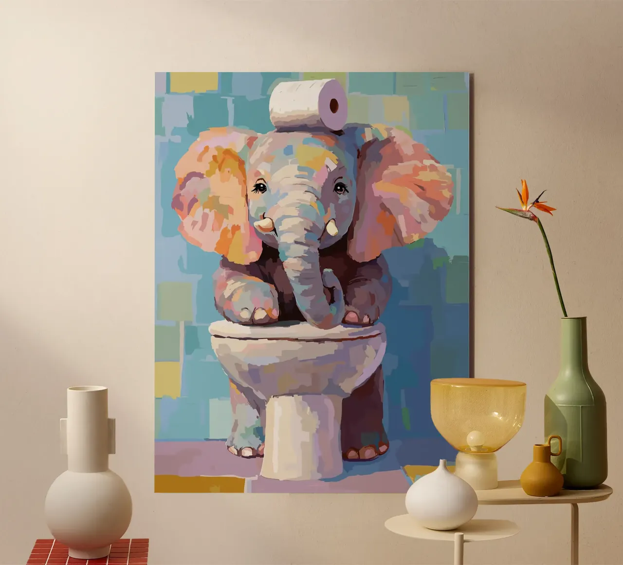 Elefante sul wc con carta igienica alluminio dibond da JoyWalkerShop