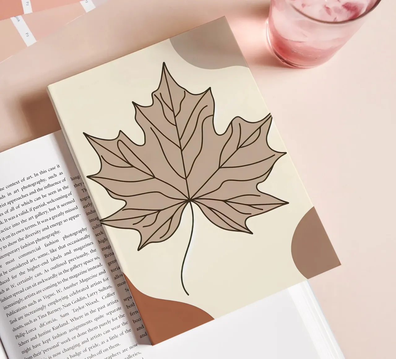 Minimalist Maple Leaf Poster in Neutral Tones with Abstract notebook by Bloom And Brush